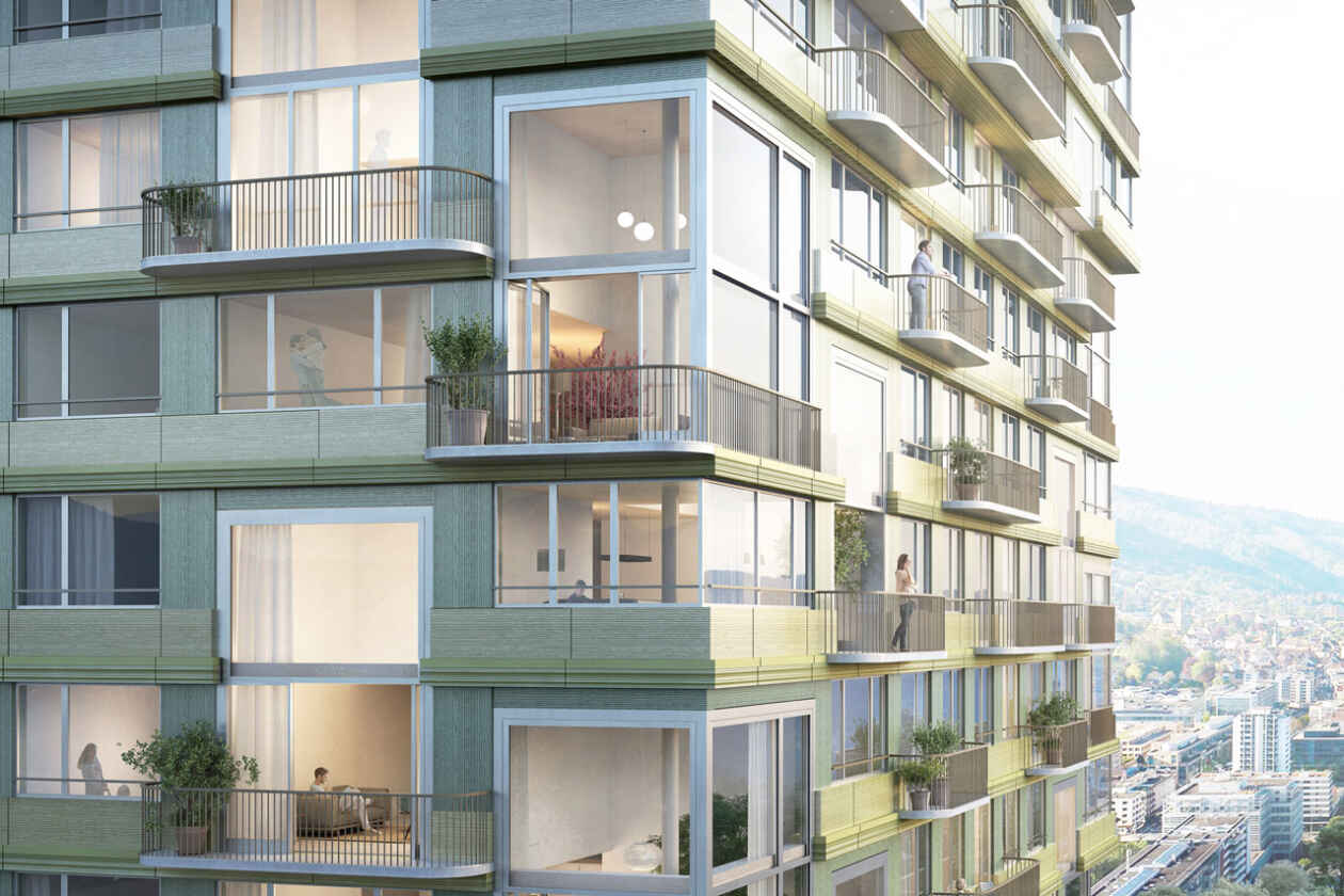 Rendering einer Detailaufnahme der Fassade eines Hochhauses mit grossen Fensterfronten. Im Innern sieht man diverse Menschen bei Alltagstätigkeiten.