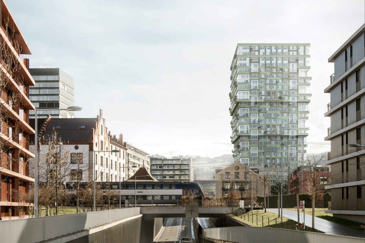 Ein Rendering eines Hochhauses in einem Quartiert in Zug.