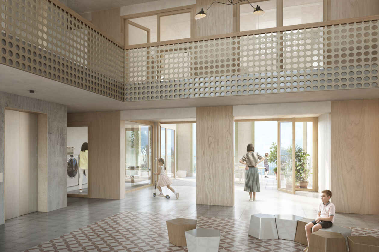 Rendering einer Gemeinschaftszone einer Überbauung. Ein Mädchen fährt Scooter, eine Frau sieht man von hinten.