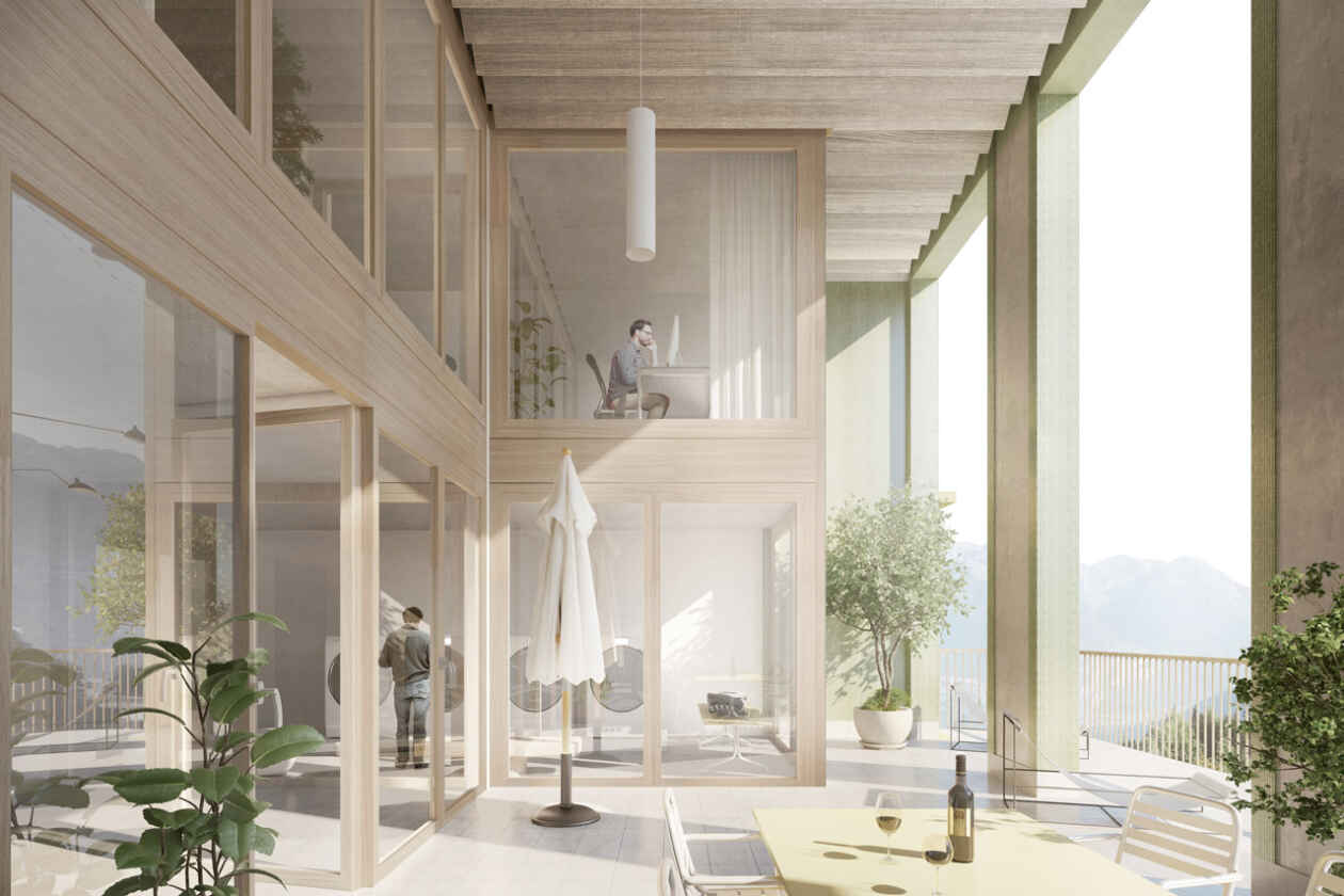 Reindering einer grossen Terasse eines Hochhaues. In den Innenräumen sieht man oben einen Mann am Computer, unten ist eine weitere Person bei Waschmaschinen.