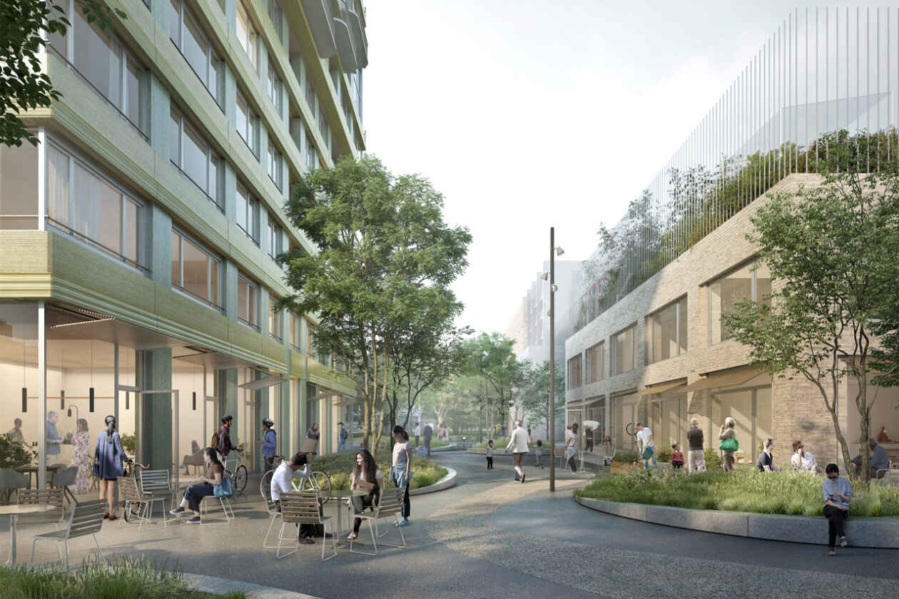 Ein Rendering eine belebten autofreien Strasse mit Menschen an Tischen und Gebäuden zu den beiden Seiten.