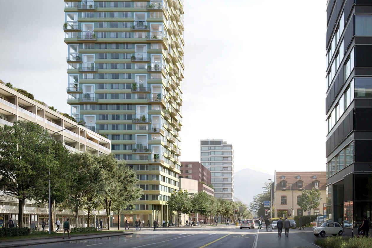 Auf der linken Seite des Renderings befindet sich das Hochhaus Pi in einem Quartier in Zug. Rechts sieht man eine Strasse mit weiteren Gebäuden.