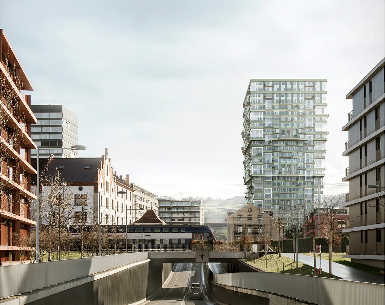 Ansicht Hochhaus Pi, wie es sich in das Quartier eingliedert.