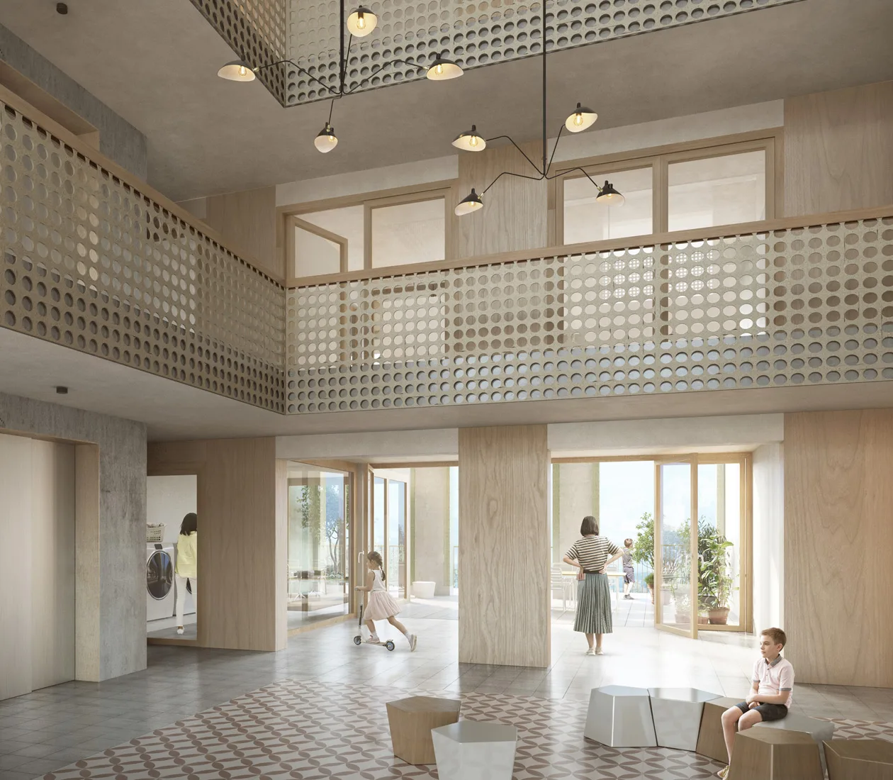 Ansicht der Piazza zu der sich jeweils drei Geschosse öffnen.