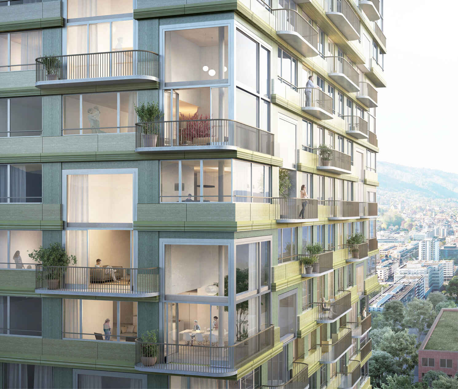 Rendering einer Detailaufnahme der Fassade eines Hochhauses mit grossen Fensterfronten. Im Innern sieht man diverse Menschen bei Alltagstätigkeiten.