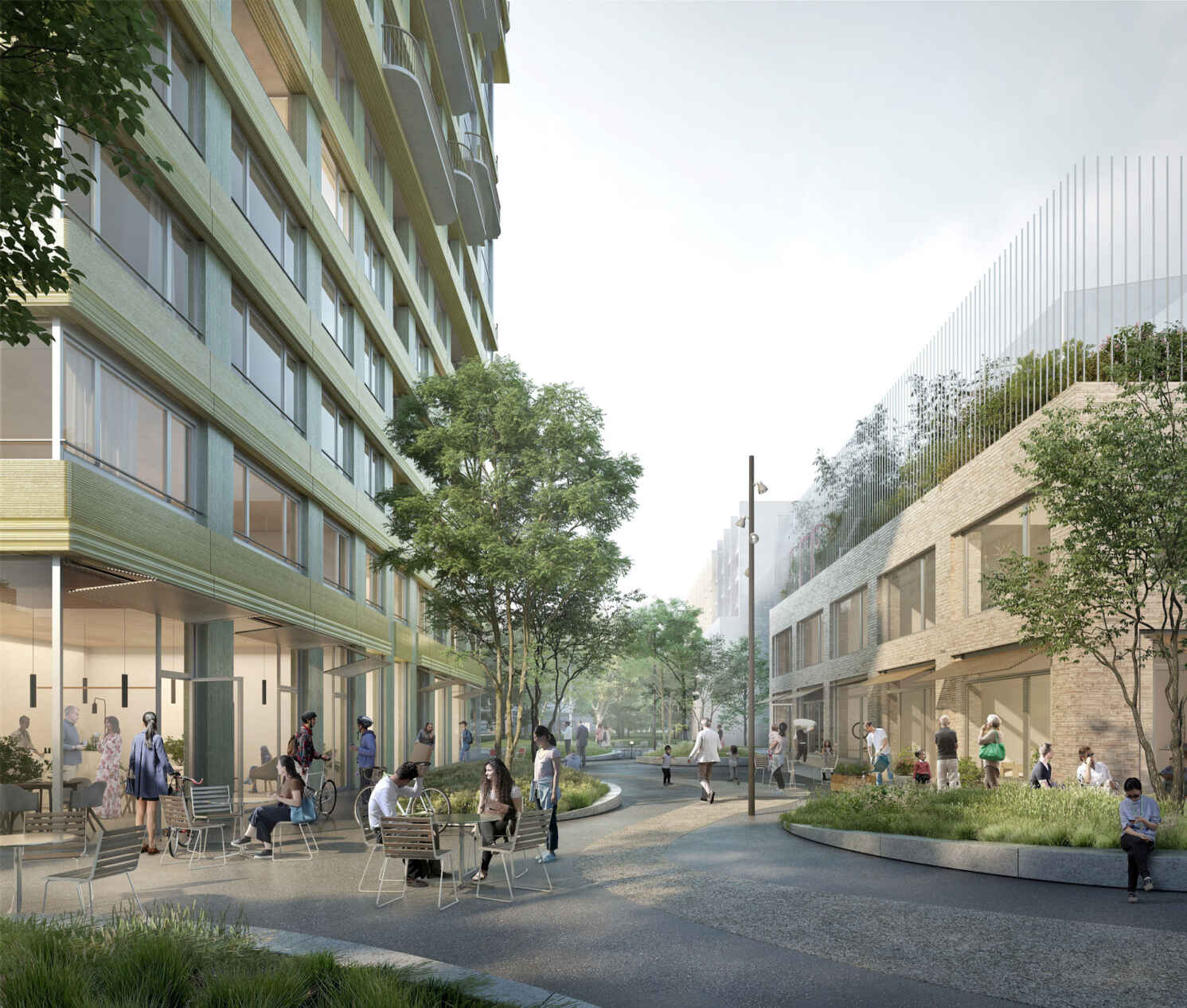 Ein Rendering eine belebten autofreien Strasse mit Menschen an Tischen und Gebäuden zu den beiden Seiten.